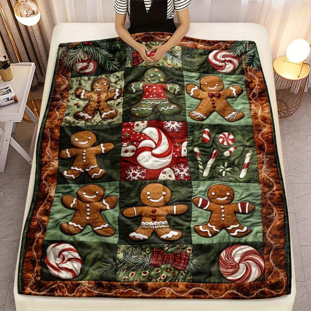 1 Gingerbread Candy Pattern Quilted Blanket - Lightweight Home Furnishing Products, Suitable for Sofas, Tops, Travel Camping, Living Rooms, Offices, Seats And Tops, Soft And Warm Digital Printed Blanket