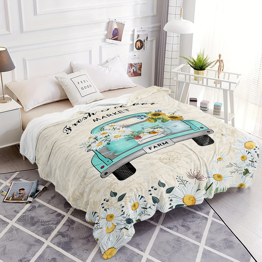 Vintage Blue Green Truck & Daisy Floral Plush Throw Blanket - Soft Warm All-Season Machine Washable Multi-Use for Bed, Sofa, Car, Office, Cozy Home Decor, Throw Blanket for Bed, Sofa Accessory, Rustic Charm, Soft Texture