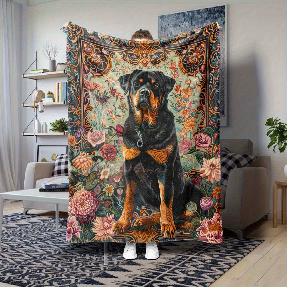 1pc Rottweiler Floral Pattern Flannel Blanket, Soft Comfortable Warm, Retro Floral Design, Durable Plush, All-Season Bed Blanket, Warm Cover, Multiple Sizes Available, Suitable for Living Room, Bedroom, Sofa, Balcony, And Courtyard