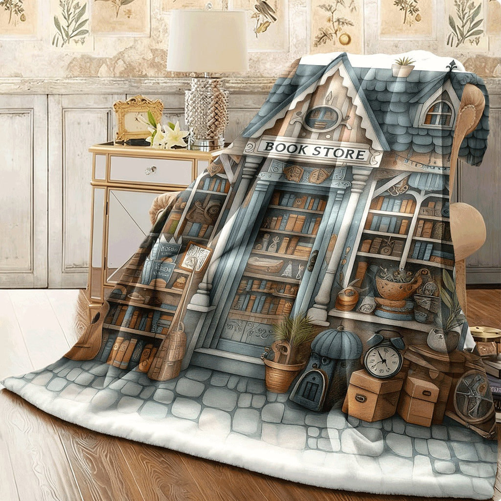 A Cozy Blanket Designed for Book Lovers, Featuring a Bookstore Theme with Bookshelves And Vintage Clocks. This Soft, Flannel-Like Throw Is Suitable for All Seasons And Can Be Used at for Home Or in The Office