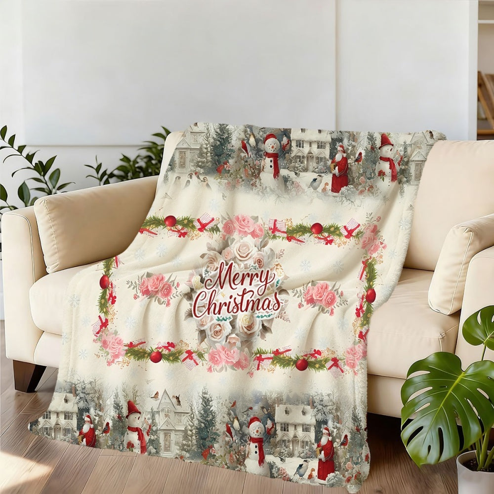 1pc, 1pc Christmas Snowman And Floral Pattern Flannel Blanket, Soft Comfortable Warm, Cream And Pink Design, Durable Plush, All-Season Sofa Blanket, Warm Cover, Multiple Sizes Available, Suitable for Living Room Sofa, Bedroom, Reading Corner