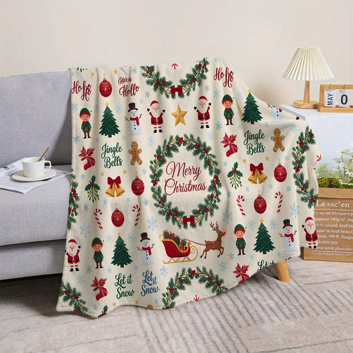 1pc, Santa Claus and Elf Christmas Tree Pattern Beige Flannel Blanket, Soft, Comfortable, and Warm, Festive Design, Durable Plush Surface, All-Season Universal Sofa Blanket, Warm Throw Blanket, Multiple Sizes Available, Suitable for Living Room