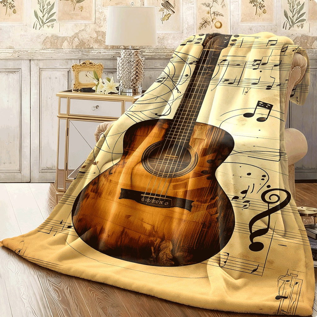 1pc Cozy Guitar And Music Note Print Polyester Blanket Soft Warm And Tear-Resistant Throw for Sofa Office Camping And Travel All-Season Multi-Purpose Gift with Musical Theme Design S