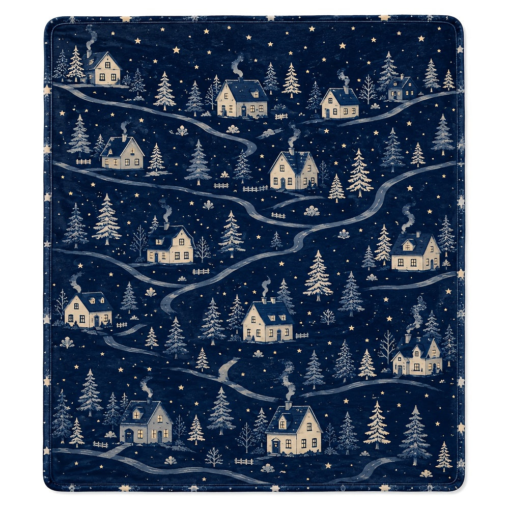 Blanket, Dark Blue Snow Night Town Blanket, Winter Snow House Pine Forest Christmas Wind Soft Blanket, Living Room Sofa Bedroom Autumn and Winter Warm Home Decoration Blanket