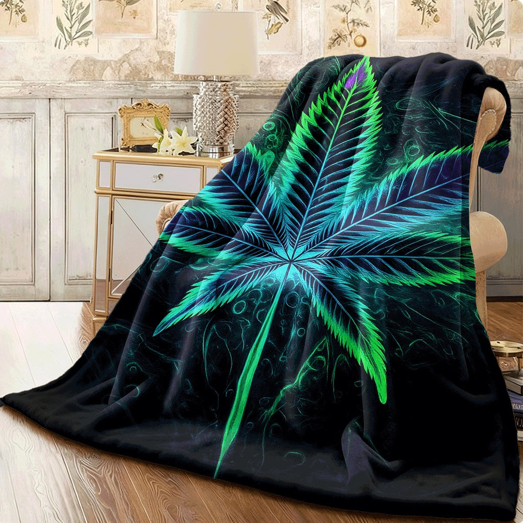 1pc Luminous Leaf Flannel Blanket Dark Background with Glowing Blue & Green Leaf Design Cozy Soft Throw for Couch All-Season Warm Fabric Blanket