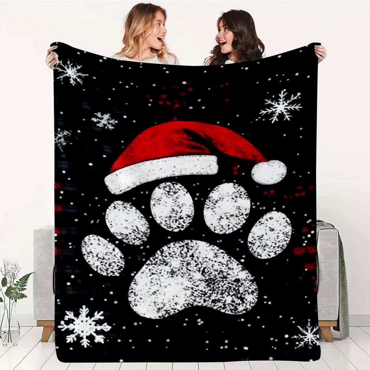 1pc of Large Flannel Blanket with a Black Design Featuring a Christmas Red Hat and White Paw Print Pattern, Suitable for Christmas Winter Decor, Holiday Home Decoration, Living Room Sofa Throw, and Home Naps
