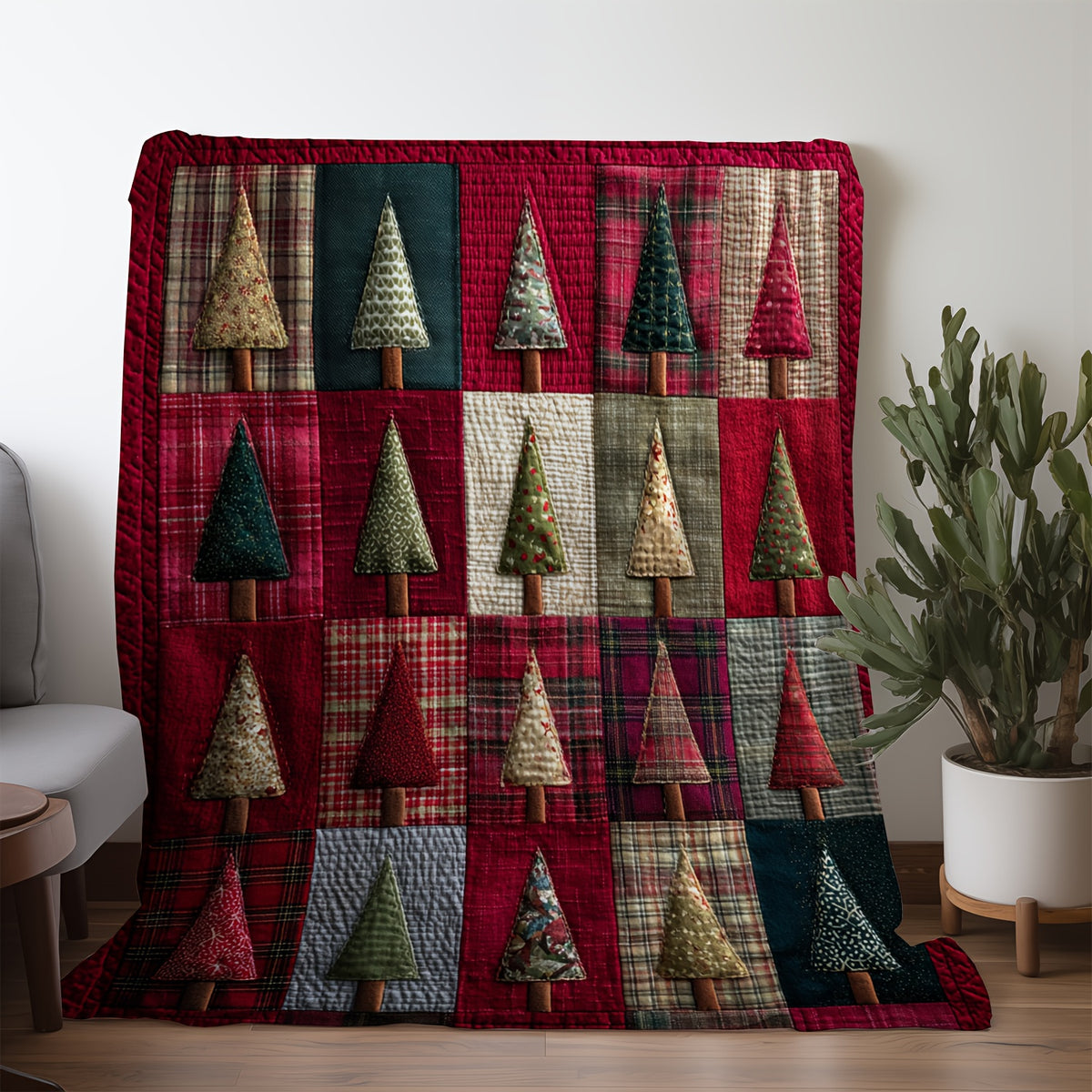 Christmas Tree Patchwork Theme Digital Printed Flannel Blanket - 100% Fiber, Suitable for Light and Warm Adaptation in All Seasons, Shop, Sofa and Other Scenes, Presenting Festive Style, Conveying Christmas Atmosphere