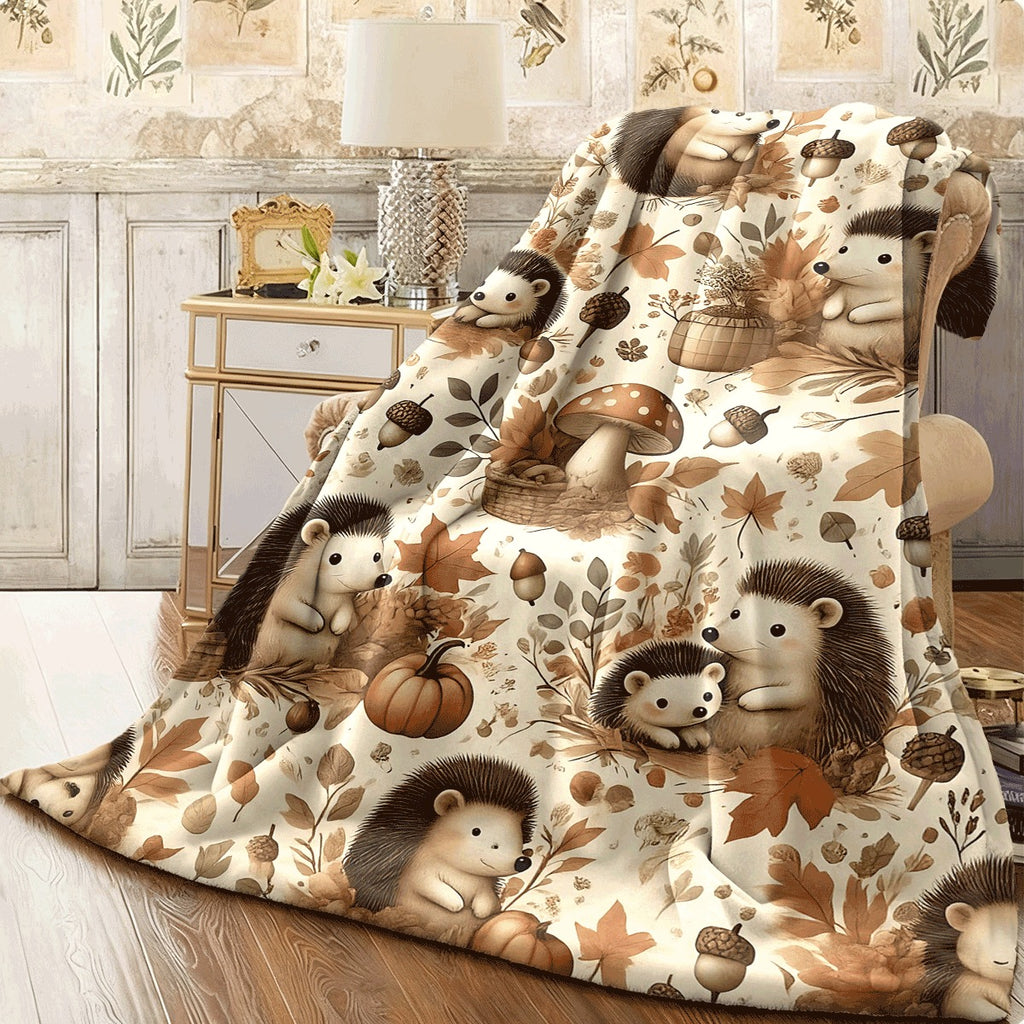 1pc Vintage Hedgehog And Forest Flannel Blanket Soft Plush All-Season Bedspread with Beige Brown Orange Green Black White Hedgehog And Foliage Design, Machine Washable Cozy Throw for Bed, Couch, Travel