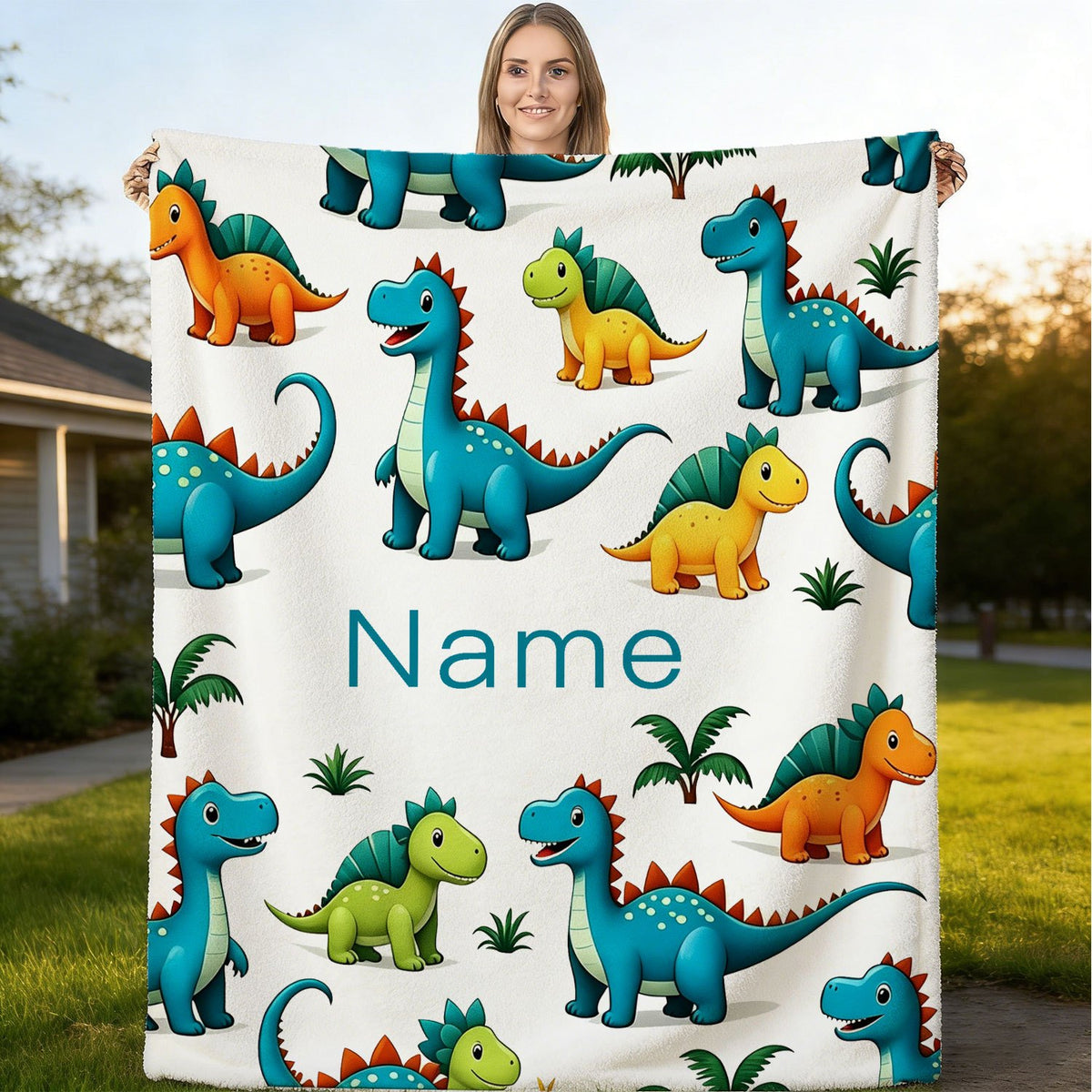 Cartoon Dinosaur Flannel Blanket, Plush Blanket, Personalized Custom Name Blanket, Comfortable Personalized Blanket, All-Season Gift Blanket, Suitable for Home and Travel, for Outdoor Enthusiasts, Holiday Gift for Family and Friends