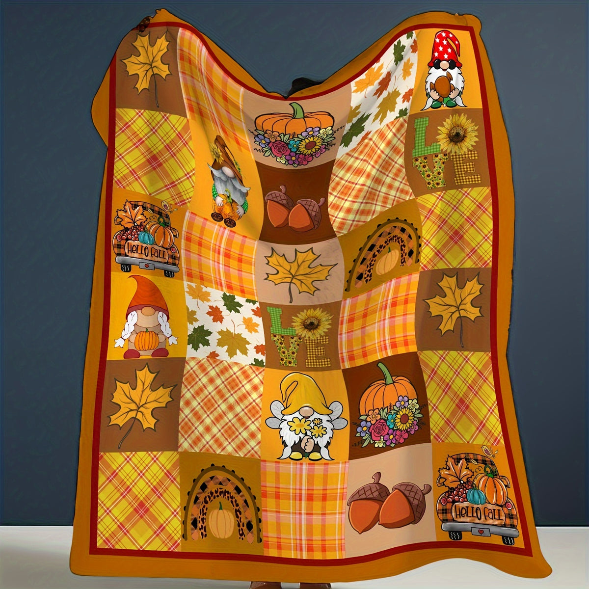 1pc Autumn-Themed Pumpkin and Gnome Print Flannel Blanket, Soft, Comfortable, and Warm, Orange-Yellow Plaid Design, Durable Plush Surface, All-Season Bed Blanket, Warm Throw Blanket, Multiple Sizes Available, Suitable for Living Room Sofas