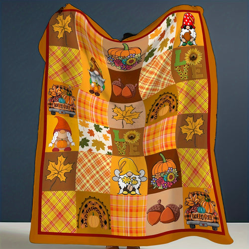 1pc Autumn-Themed Pumpkin and Gnome Print Flannel Blanket, Soft, Comfortable, and Warm, Orange-Yellow Plaid Design, Durable Plush Surface, All-Season Bed Blanket, Warm Throw Blanket, Multiple Sizes Available, Suitable for Living Room Sofas
