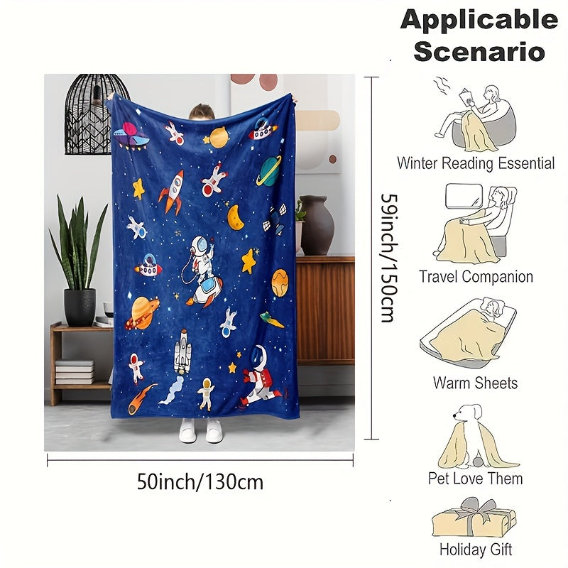 1pc of Flannel Blanket Featuring a Cartoon Flying Saucer in Space, Soft And Cozy, Perfect for Use on a Sofa,, Or at The Office; a Small Throw Ideal for Lunch Breaks, And a Great Gift for Halloween Or Christmas