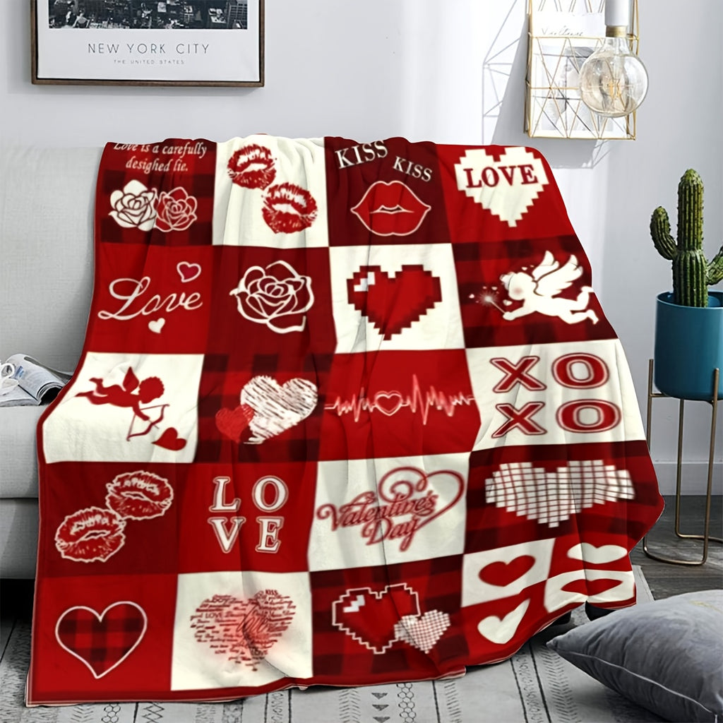 1pc Romantic I Love You Flannel Blanket- Soft, Comfortable, Warm with Heart-Shaped Patterns& Symbols- Valentine's Day, Anniversary, Birthday Gift for Him/Her/Couple- Red