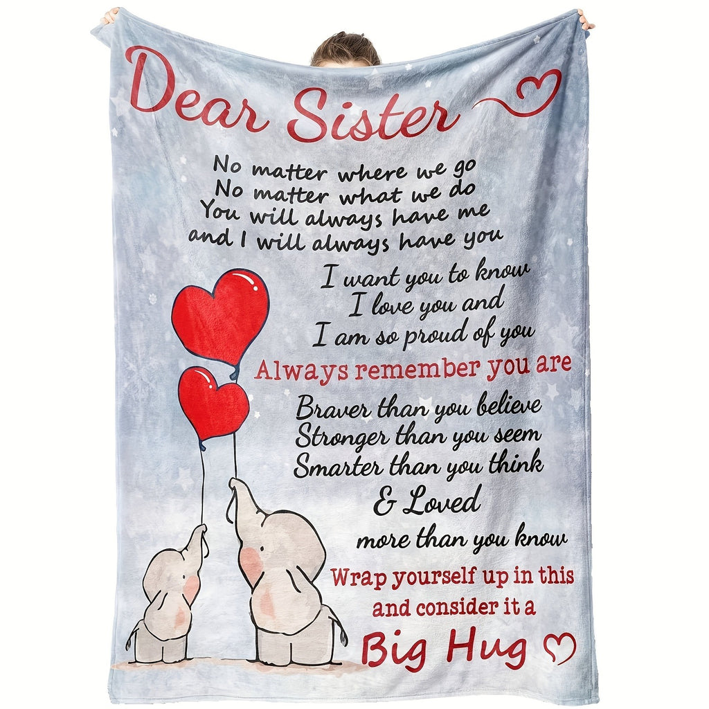 1pc Flannel Blanket Featuring Dear Sister Message with Cute Elephants and Heart Balloons. Expressing Love and Pride, This Valentine's Day Blanket Is Perfect for Cozying up and Feeling Cherished.