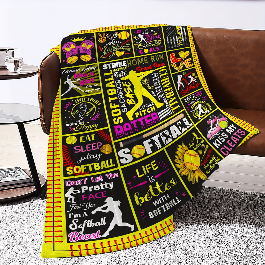 1pc Ultra-Soft & Warm Reversible Flannel Softball Blanket - Cozy Throw for Softball Fans, Perfect Gift for Girls, Boys & Adults - Vibrant Champagne with Playful Softball Designs, Sports Fan Gift | Reversible Blanket | Flannel Fabric