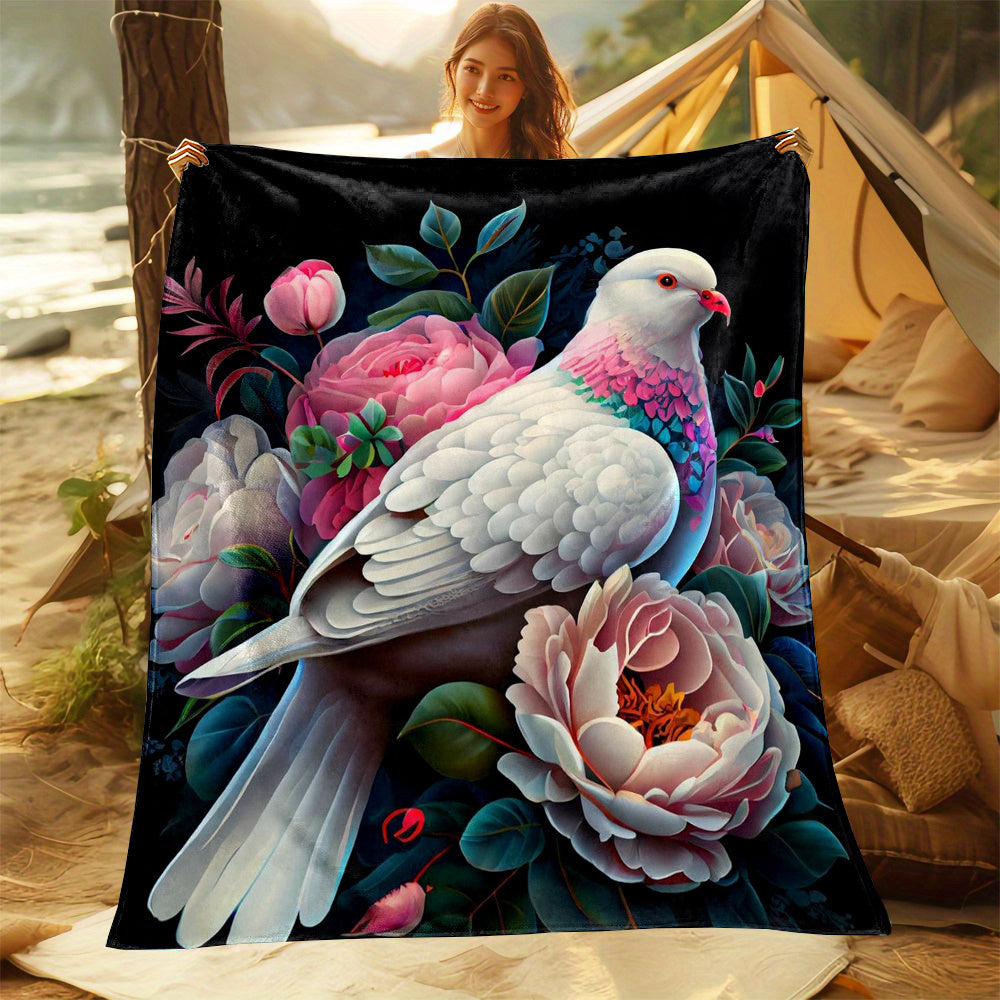 1pc 2D Flat-printed Peace Dove and Peony Flower Blanket, Soft Flannel Blanket¡ªBlack Background Floral Design, Multiple Sizes Available, Suitable for Camping, Picnics, Reading, Rest, and Home Use, 2D Flat