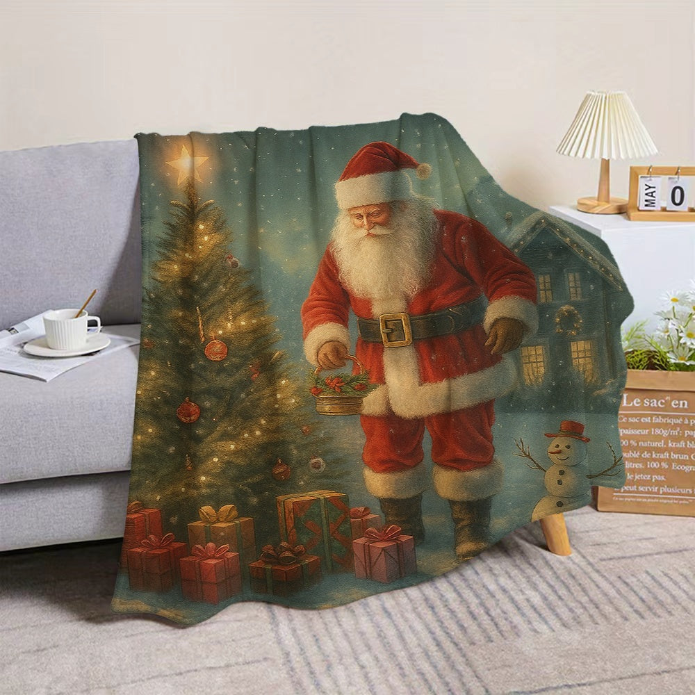 1pc, 2D Flat Santa Claus And Christmas Tree Theme Flannel Blanket, Soft Comfortable Warm, Red And Green Festive Design, Durable Plush Surface, All Seasons, Warm Throw Blanket, Suitable for Reading Time, Dorm Life, Weekend Sofa Nap