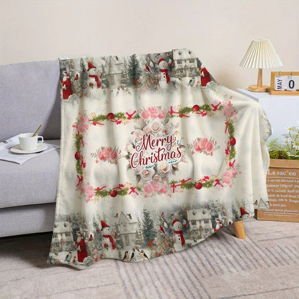 1pc, 1pc Christmas Snowman And Floral Pattern Flannel Blanket, Soft Comfortable Warm, Cream And Pink Design, Durable Plush, All-Season Sofa Blanket, Warm Cover, Multiple Sizes Available, Suitable for Living Room Sofa, Bedroom, Reading Corner