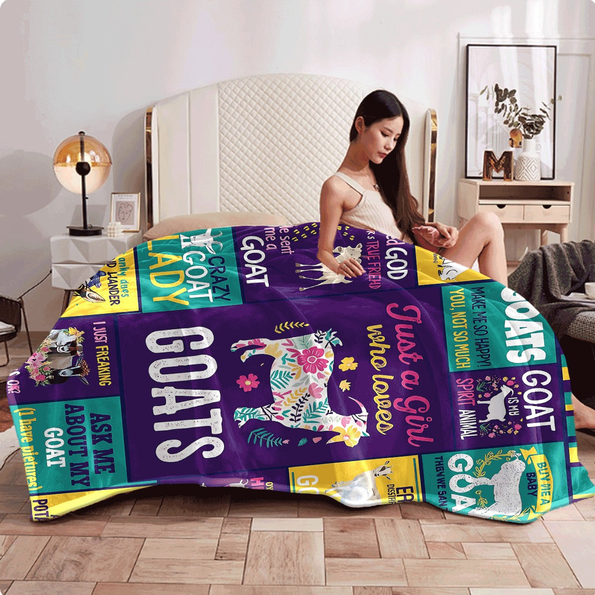 1pc Fun Goat Quote Flannel Blanket Colorful Retro Design with Various Goat Illustrations & Humorous Texts Cozy Soft Throw for Couch Room Decor