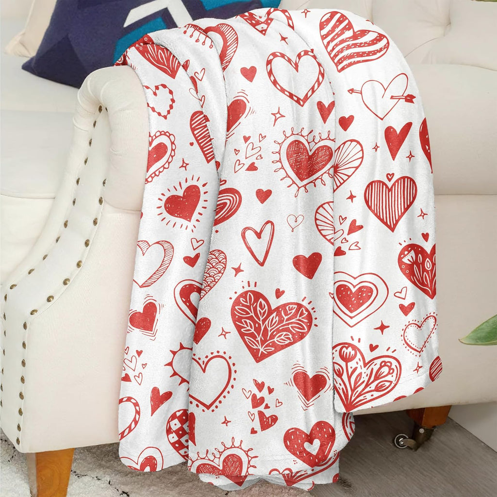 Glawry Valentine's Day Throw Blanket for, 50x60 Inch, Red and White Hearts Romantic Romance Holiday Cute Modern Graffiti for Lovers Couples Soft Cozy Flannel Blankets for Sofa Couch Chair