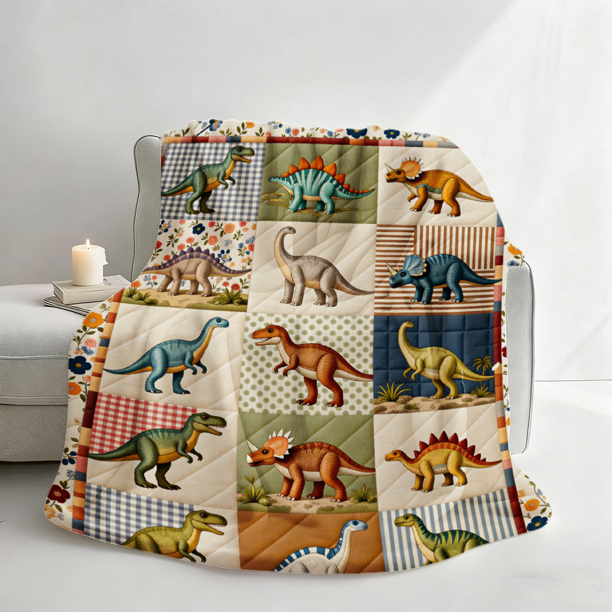 This Digital Print Flannel Blanket Features a Retro Floral Border And Various Dinosaurs Like T-Rex, Stegosaurus, And Triceratops. It's Soft, Warm, And Comfortable, Making It Perfect for Use in The Bedroom, Living Room