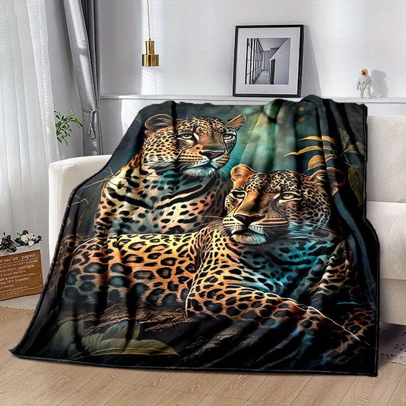 1pc, Leopard Print and Jungle-themed Flannel Blanket, Soft, Cozy, and Warm, Dark-toned Design, Durable Plush Surface, All-season Bed Throw, Warm Cover Blanket, Available in Multiple Sizes, Suitable for Living Room Sofas, Bedroom Beds, Office Breaks