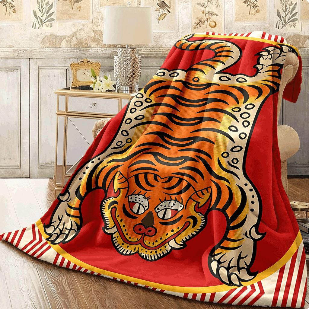 1pc Vintage Red Tiger Pattern Flannel Blanket Chinese Traditional Art Print Soft Cozy Warm Sofa Throw Machine Washable All-Season Blanket