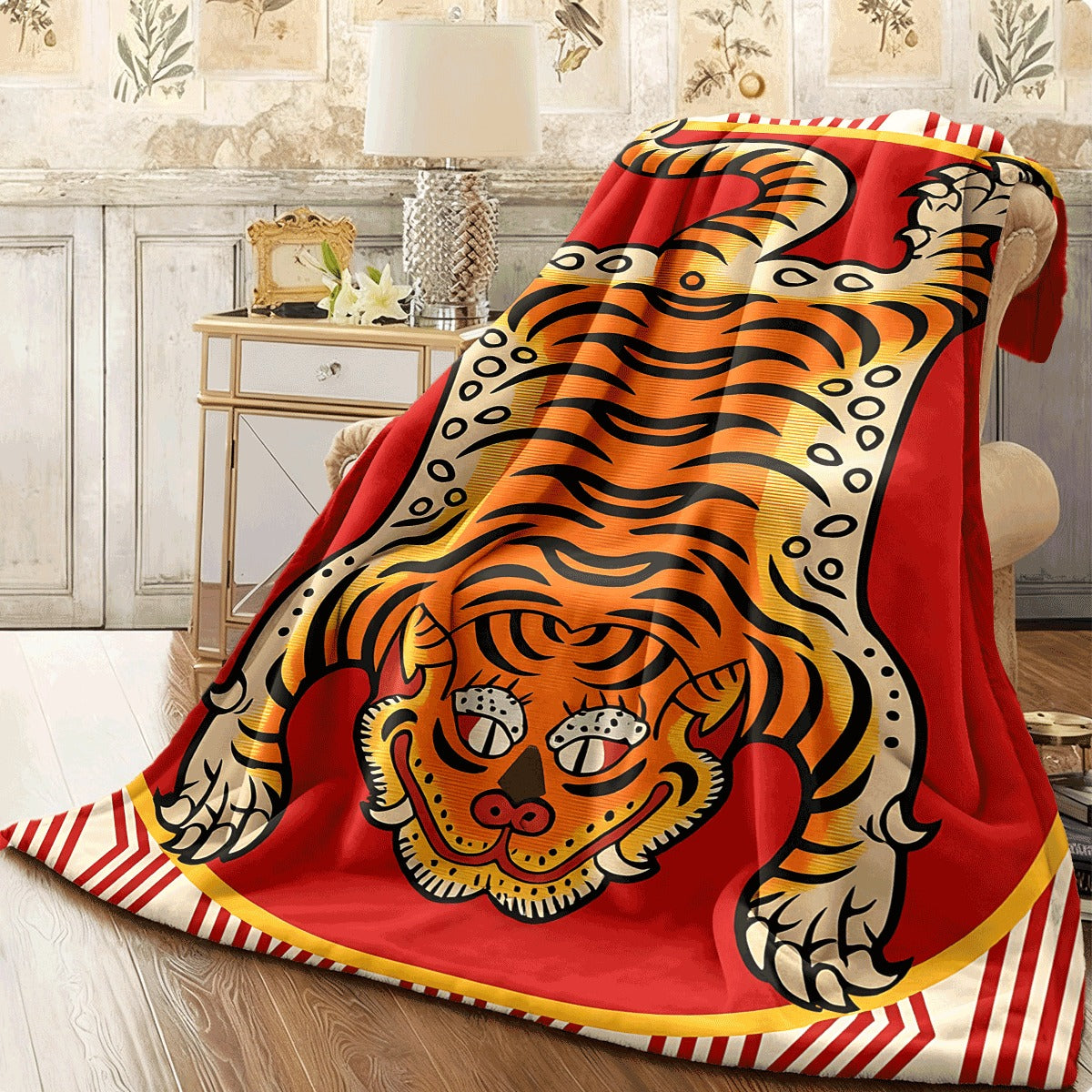 1pc Vintage Red Tiger Pattern Flannel Blanket Chinese Traditional Art Print Soft Cozy Warm Sofa Throw Machine Washable All-Season Blanket