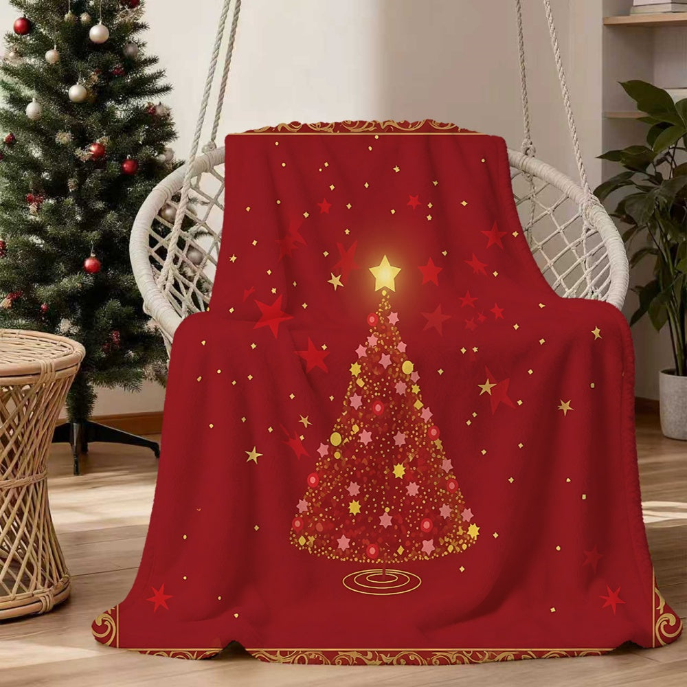 1pc Christmas Tree And Star Pattern Red Flannel Blanket, Soft Comfortable Warm, Festive Design, All-Season Blanket, Warm Cover, Multiple Sizes Available, Suitable for Living Room Sofa, Bedroom, Casual Reading, Winter Heating