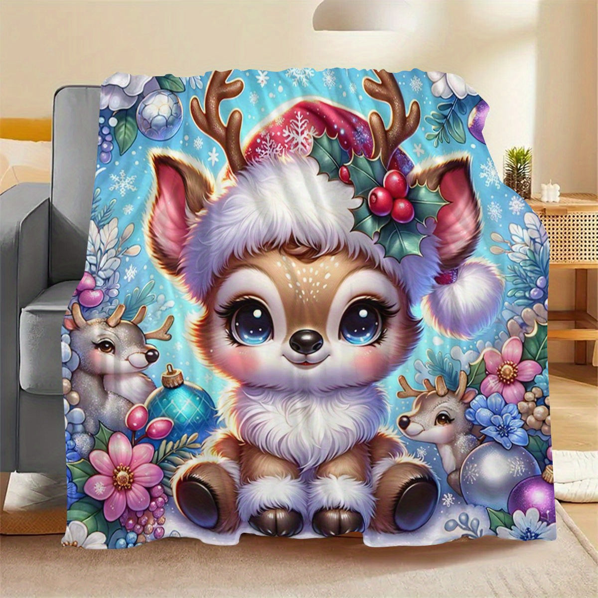 1pc of Large Flannel Blanket with a Blue Christmas Deer and Wreath Pattern, Christmas Winter Decoration, Suitable for Bedroom Bed Use, Weekend Sofa Naps, and Home Naps