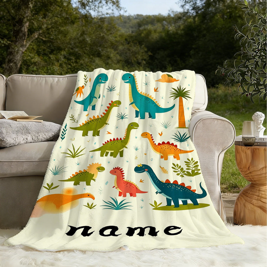 Personalized Custom Name Blanket, Cute Cartoon Baby Dinosaur Flannel Blanket, Plush Blanket Gift for Outdoor Enthusiasts, All-Season Gift Blanket Suitable for Home and Travel, Comfortable Personalized Blanket, Holiday Gift for Family and Friends