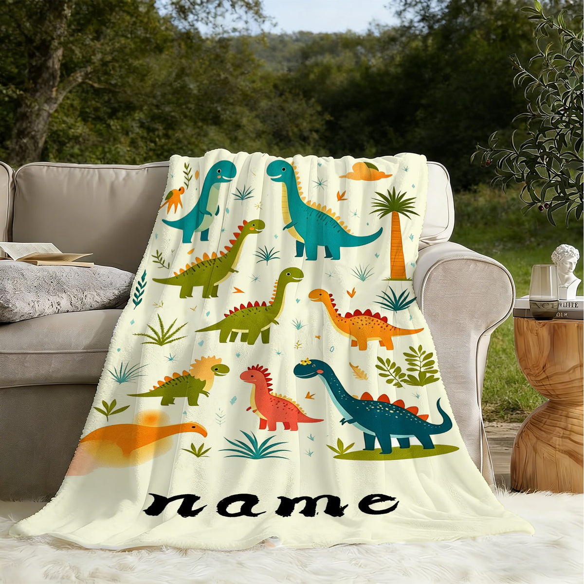 Personalized Custom Name Blanket, Cute Cartoon Baby Dinosaur Flannel Blanket, Plush Blanket Gift for Outdoor Enthusiasts, All-Season Gift Blanket Suitable for Home and Travel, Comfortable Personalized Blanket, Holiday Gift for Family and Friends