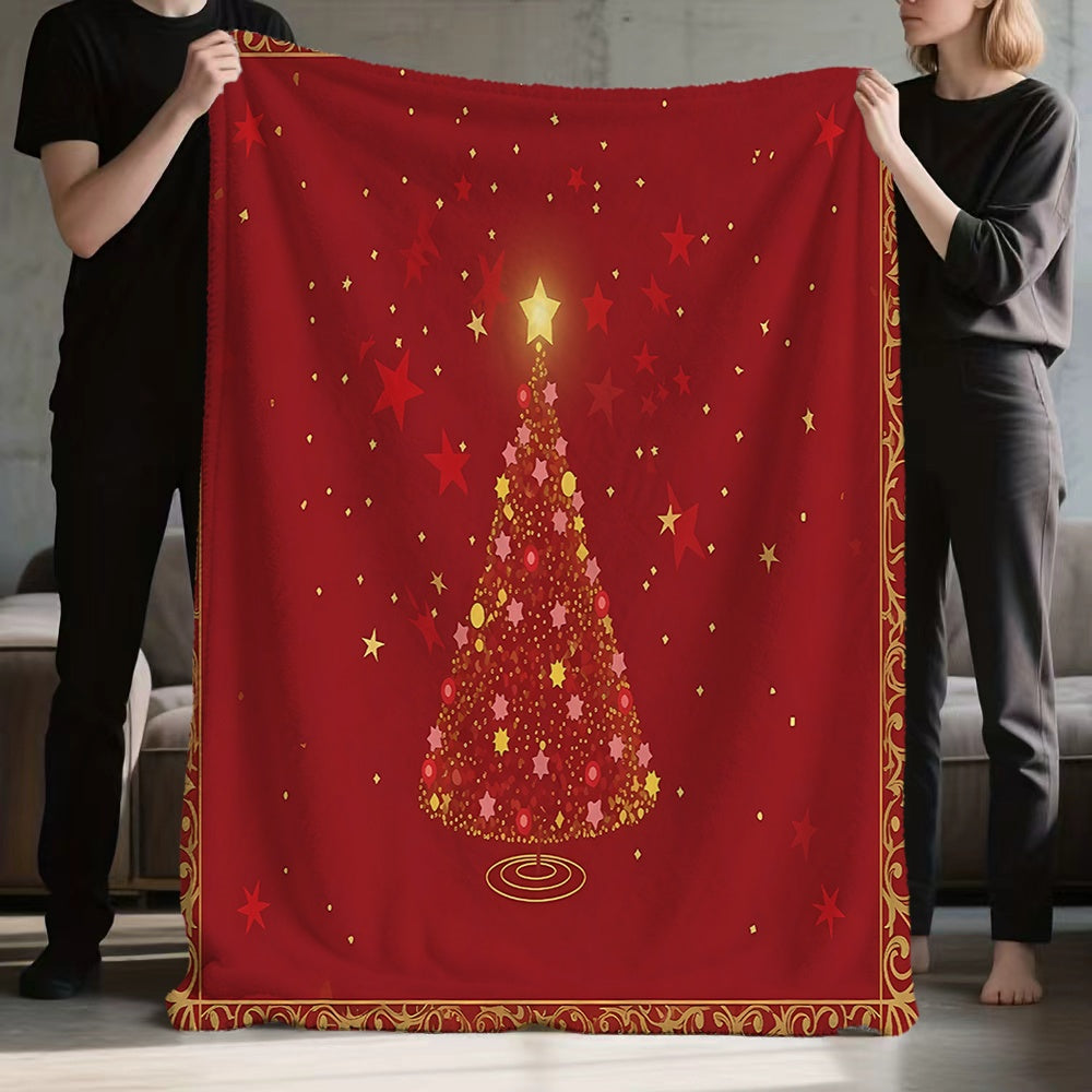 1pc Christmas Tree And Star Pattern Red Flannel Blanket, Soft Comfortable Warm, Festive Design, All-Season Blanket, Warm Cover, Multiple Sizes Available, Suitable for Living Room Sofa, Bedroom, Casual Reading, Winter Heating