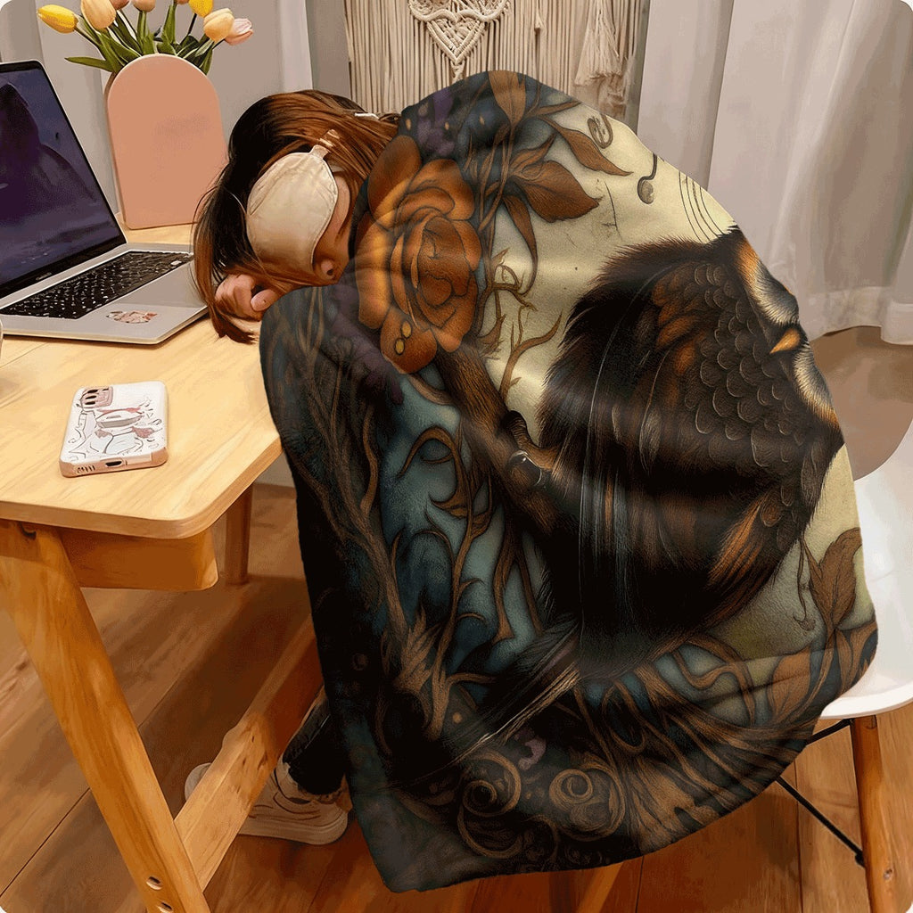1pc Retro Owl Thin Blanket Lightweight Flannel Throw for Sofa Travel Camping Livingroom Office Couch Chair And Digital Printing Fleece Blanket with Soft And Warm Flannel Fabric