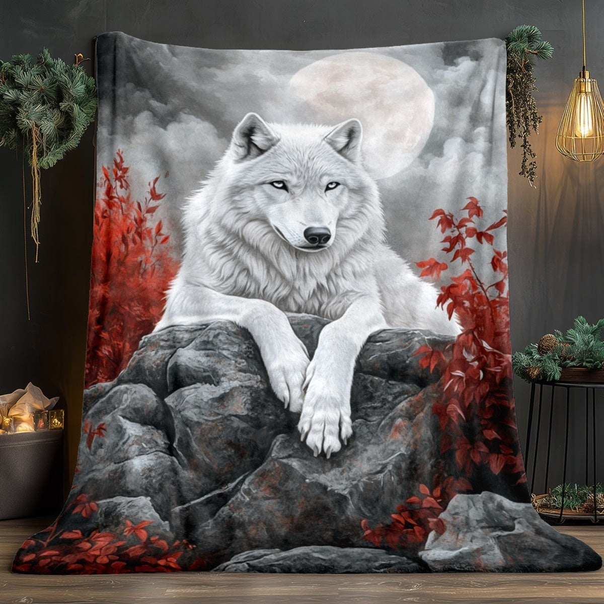 1pc 2D Flat Printing, White Wolf And Red Leaf Moon Pattern Blanket, Soft Fleece Blanket, Gray And Red Design, All Seasons, Warm Throw, Multiple Sizes Available, Suitable for Living Room, Bedroom, Sofa,, And Reading Area