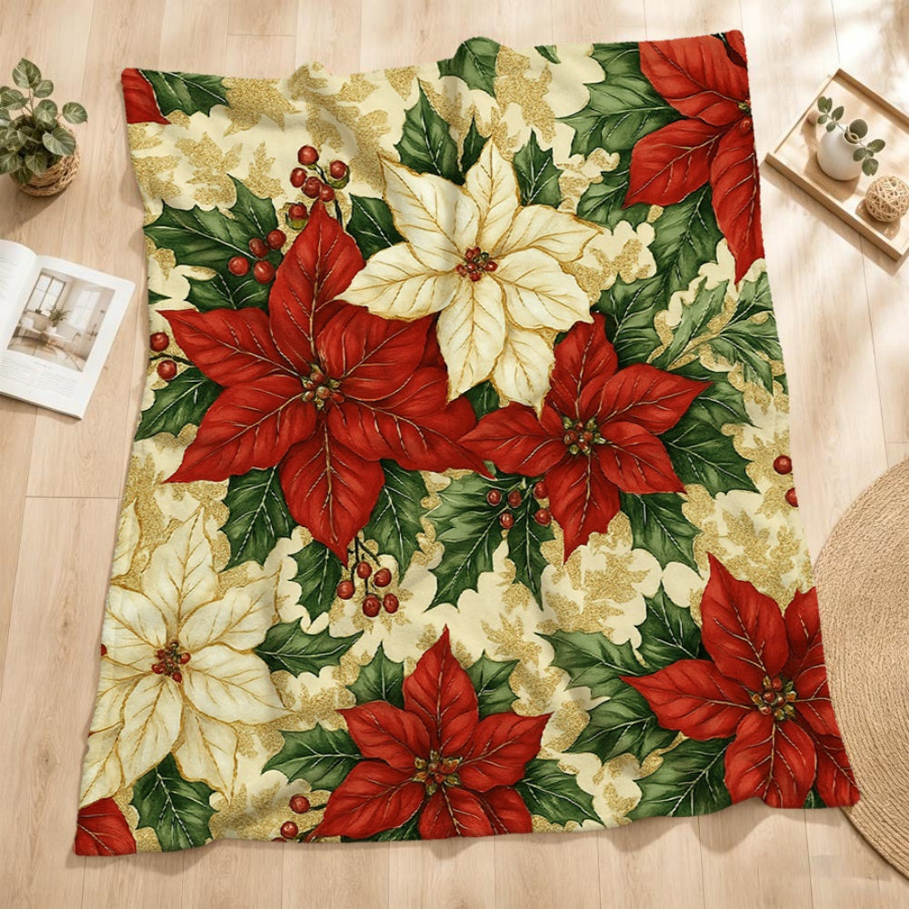 1pc Christmas Red White Golden Border Floral Pattern Flannel Blanket, Christmas Winter Body Blanket, Soft Plush All-Season Use, Suitable for Reading Time, Weekend Sofa Naps, And Dorm Life