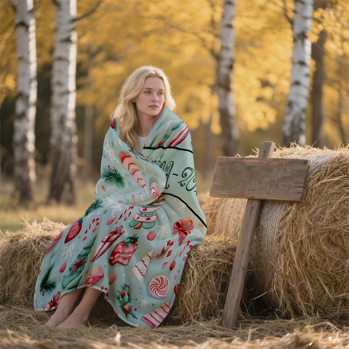 Christmas Blanket with Name (1), Featuring Candy Cane Walking Support, Christmas Tree, Candy, Bow, and Snowflake Designs, Suitable for Travel, RV, Home and Bed Decor, Christmas Festivities