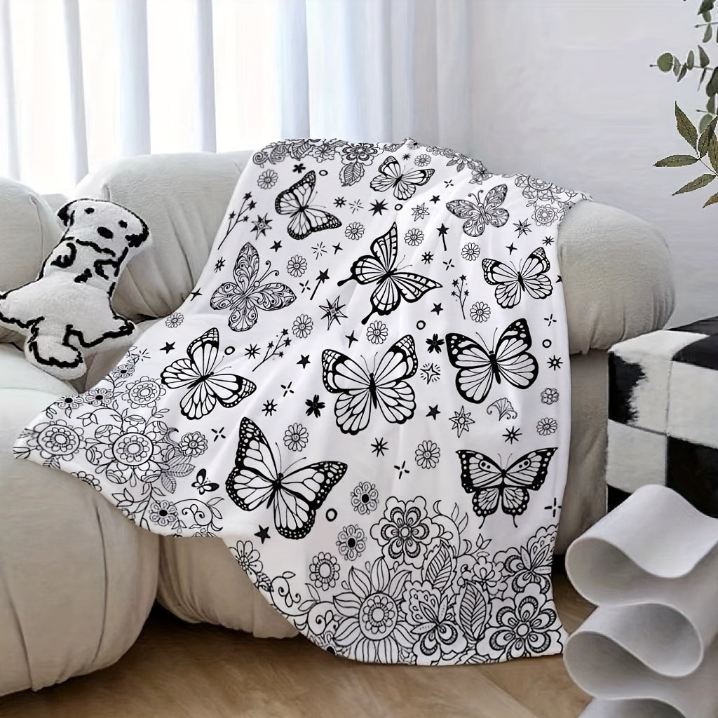 1pc Black and White Butterfly Floral Pattern Blanket, Butterfly Print Design, Throw Blanket, Soft Flannel Plush Surface, Lightweight and Durable, Multiple Sizes Available, Suitable for Holiday Decoration, Living Room Leisure, Bedroom Sleep