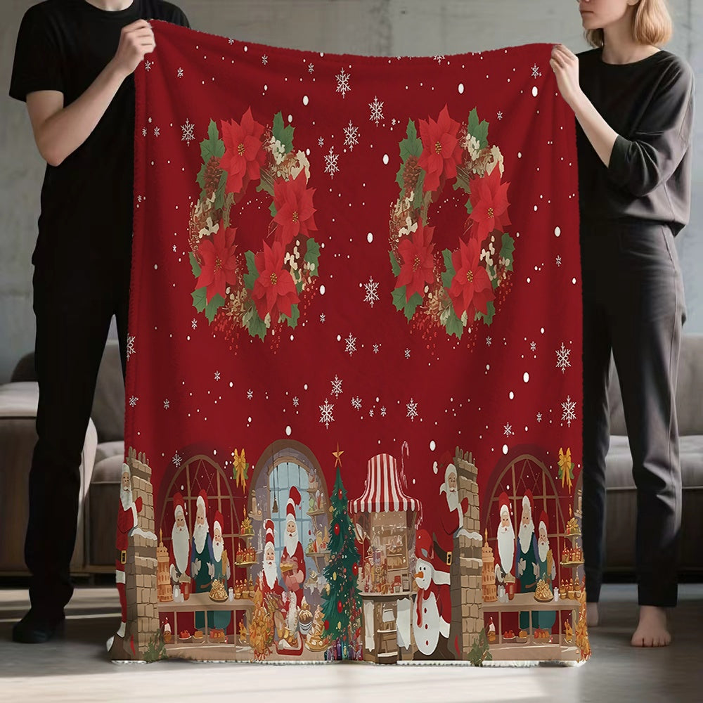 1pc Christmas Wreath And Snowman Pattern Red Flannel Blanket, Soft Comfortable Warm, Festive Design, All-Season Sofa Blanket, Warm Cover, Multiple Sizes Available, Suitable for Living Room, Bedroom, Sofa, Reading, And Resting