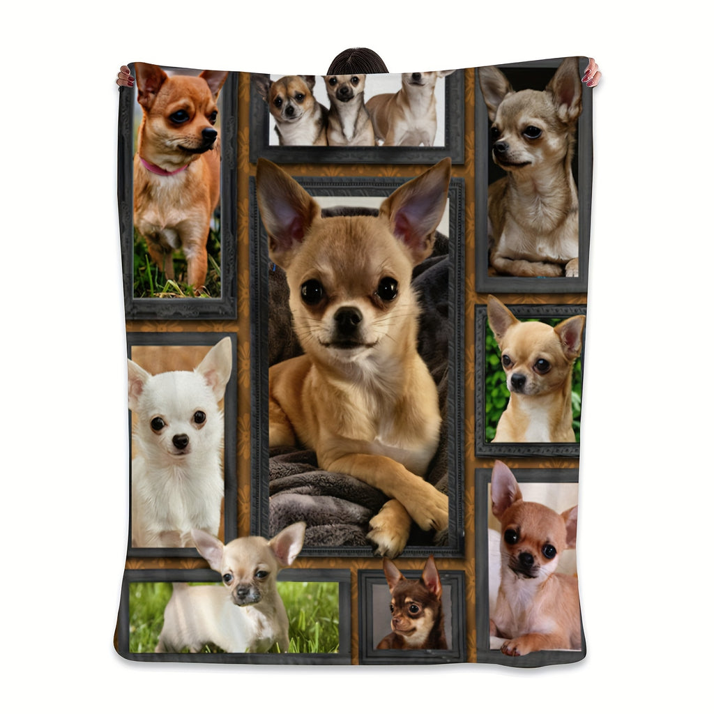 1pc Vintage Style Chihuahua Dog Print Flannel Blanket - Soft Warm All-Season Throw with Multi-Color Animal Design, Hand Wash Only for Couch Sofa Bed Office Camping Travel, Cozy Home Decor Gift, Dog Blanket, Durable Fabric, Pet Owners