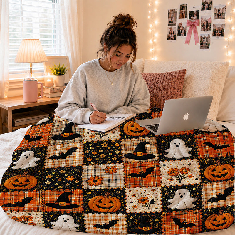 1pc Autumn Farmhouse Style Halloween Flannel Throw Blanket, Cream Plaid with Orange Pumpkins, Cute Ghosts, and Black Bats, Adorned with Vintage Floral Patterns, Suitable for Living Room, Bedroom, Dorm, Naps, Travel, and Daily Use
