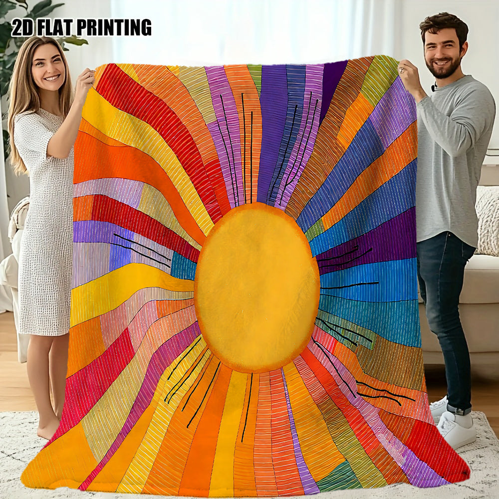 1pc Colorful Sun Pattern Blanket, Artistic Style Design, Soft Plush Surface, Lightweight and Durable Flannel Material, Multiple Sizes Available, Perfect for Holiday Gatherings, Living Room Lounging, Bedroom Warmth, Study Reading, Seasonal Home Decor