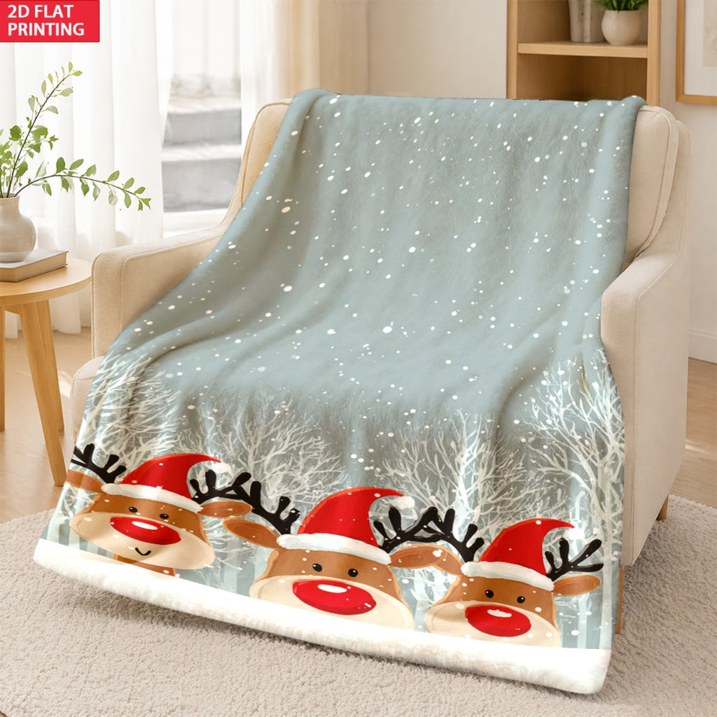 1pc of Large Flannel Blanket in Light Green with a Christmas Reindeer Wearing a Red Hat Pattern, Available in Multiple Full-body Sizes. Features a Christmas Winter Decorative Design, Suitable for Soft Furnishings at the Foot of the Bed