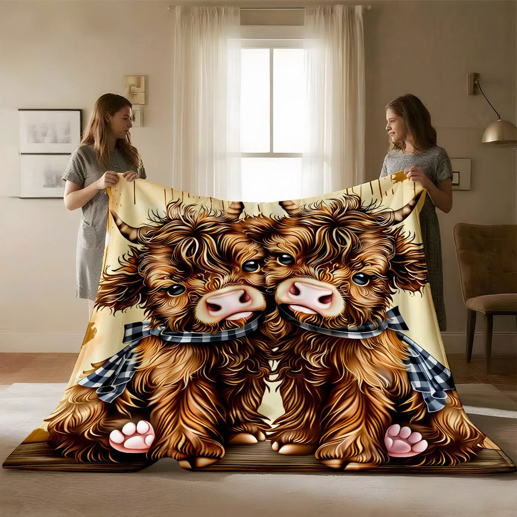 1pc Ultra-Clear Scottish Highland Cow Couple's Full-Print Flannel Blanket, Brown Long Curly Hair with Plaid Bow, Cute and Soothing Decorative Throw Blanket for Bedroom and Sofa