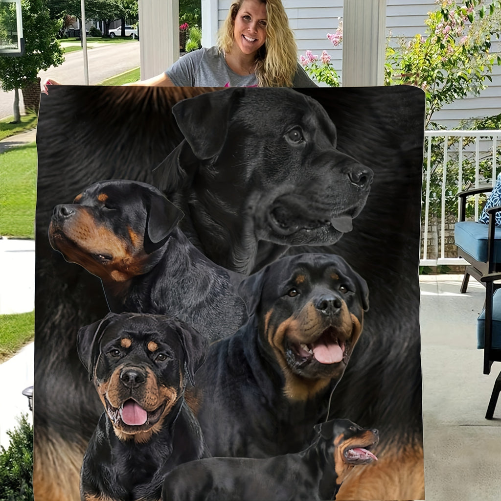1pc 60x50 Inch Flannel Blanket - Realistic Rottweiler Dog Print, Hypoallergenic Soft Cozy All-Season Throw, Hand Wash Only, Perfect Gift for Dog Lovers, Home Decor & Warmth, Dog Blanket, Vintagestyle Design