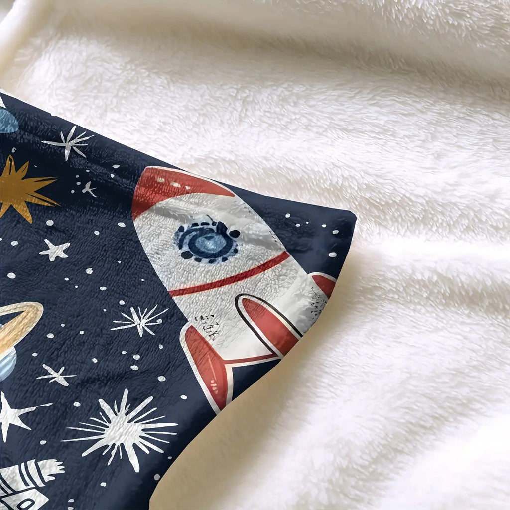 1pc Cozy Astronaut Blanket - Soft Flannel Fleece Space-Themed with Planets & Rockets, Lightweight All-Season Throw Suitable for, Sofa, Travel, Camping, & Room Decor