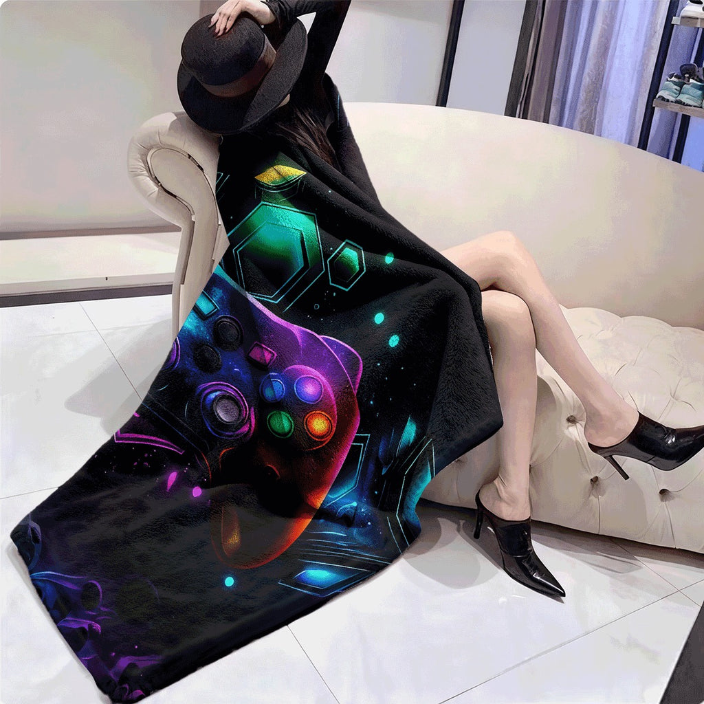 1pc Gaming Controller Design Throw Blanket High-Gsm Flannel Vibrant Neon Geometric Patterns All-Season Soft Durable Hand Wash solely for Gamers Living Room Home Decor Gamer Blanket Hi