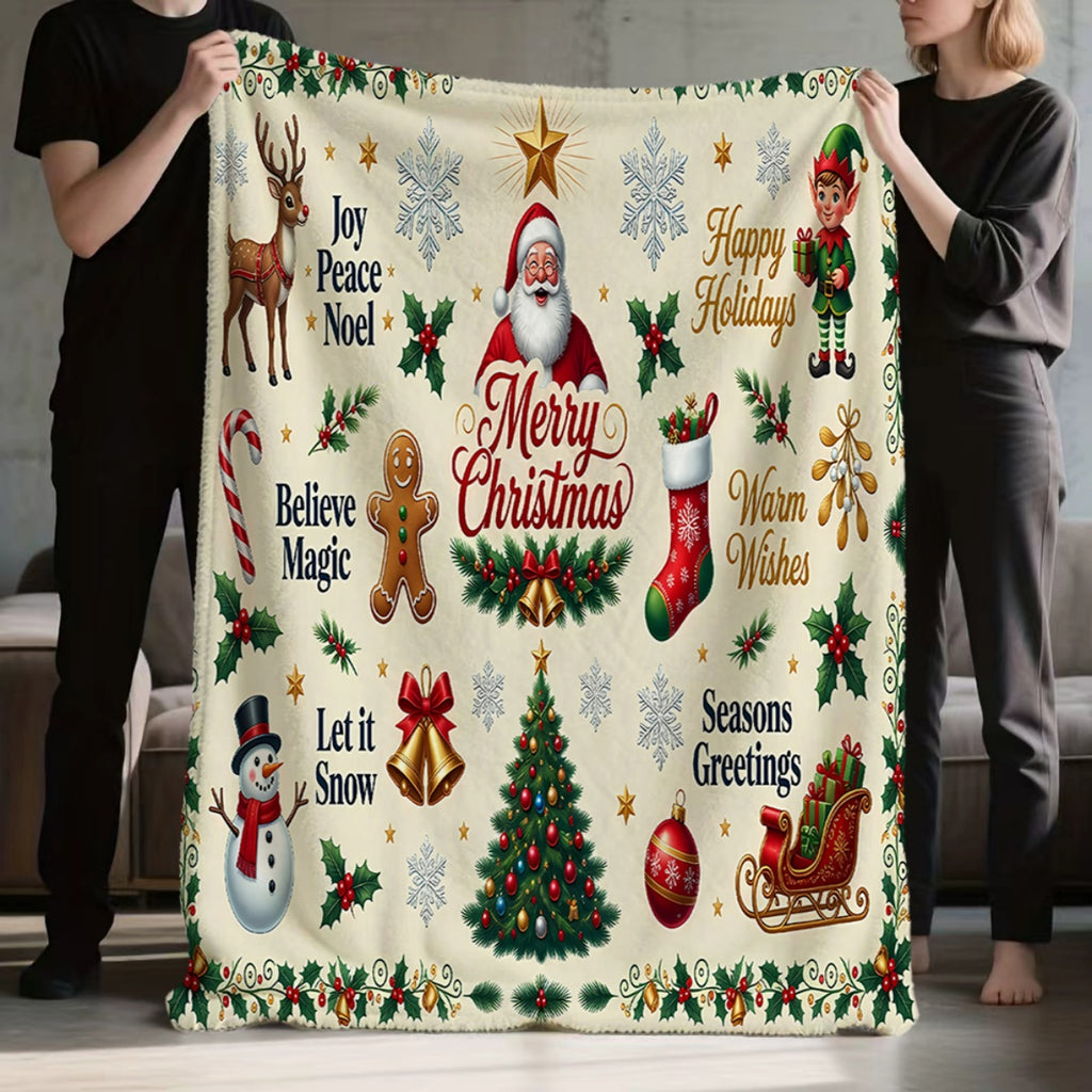 1pc, Santa And Reindeer Pattern Flannel Blanket, Soft Comfortable Warm, Beige Holiday Design, Durable Plush, All-Season Sofa Blanket, Warm Cover, Multiple Sizes Available, Suitable for Living Room Sofa, Bedroom, Reading Corner, Holiday Parties