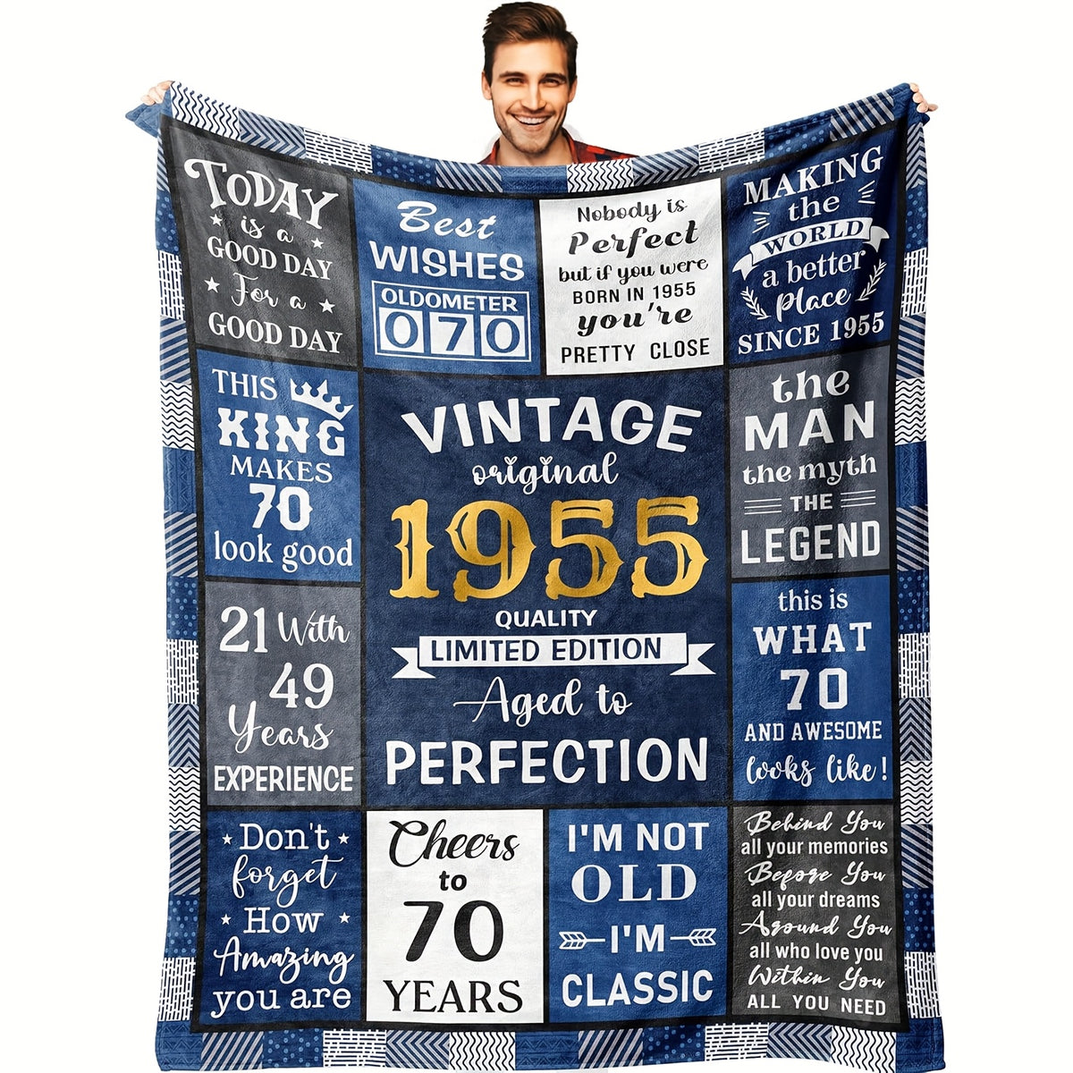 A Flannel Blanket for Men Celebrating Their 70Th Birthday, Featuring a Vintage 1955 Design with a Funny And Uplifting Message, in a Blue Plaid Pattern. an Ideal Gift for Him, This Throw Blanket Is Cozy for Any Season