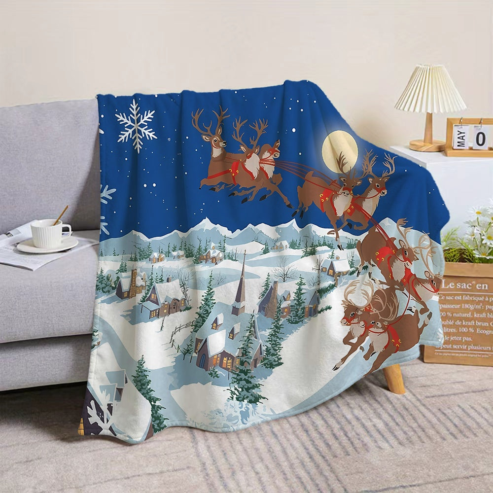 Christmas Reindeer And Snowy Night Sky Blue Flannel Blanket, Soft Comfortable Warm, Winter Theme Design, All-Season Sofa Blanket, Warm Cover Blanket, Multiple Sizes Available, Suitable for Living Room Sofa, Bedroom, Reading Area, Rest Area